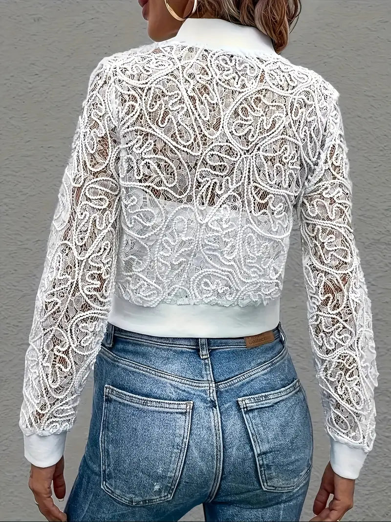 Laura™ | Lace Mesh Cropped Bomber Jacket