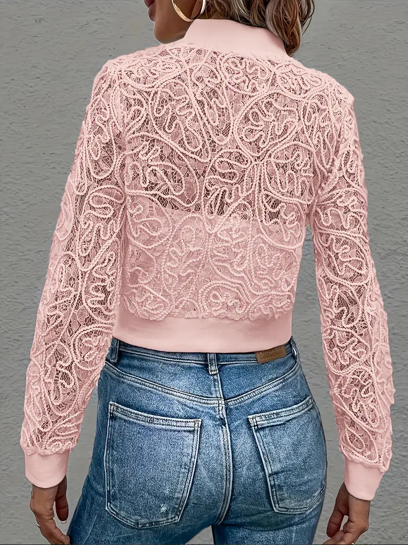 Laura™ | Lace Mesh Cropped Bomber Jacket