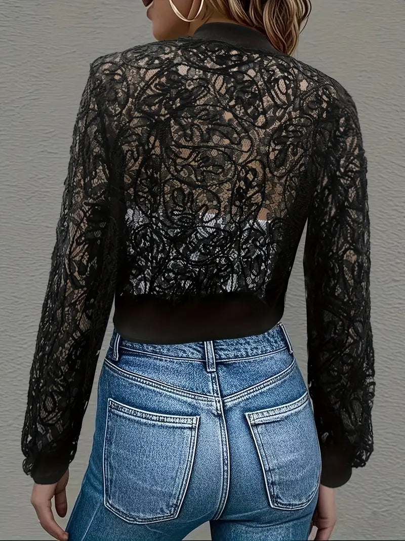 Laura™ | Lace Mesh Cropped Bomber Jacket