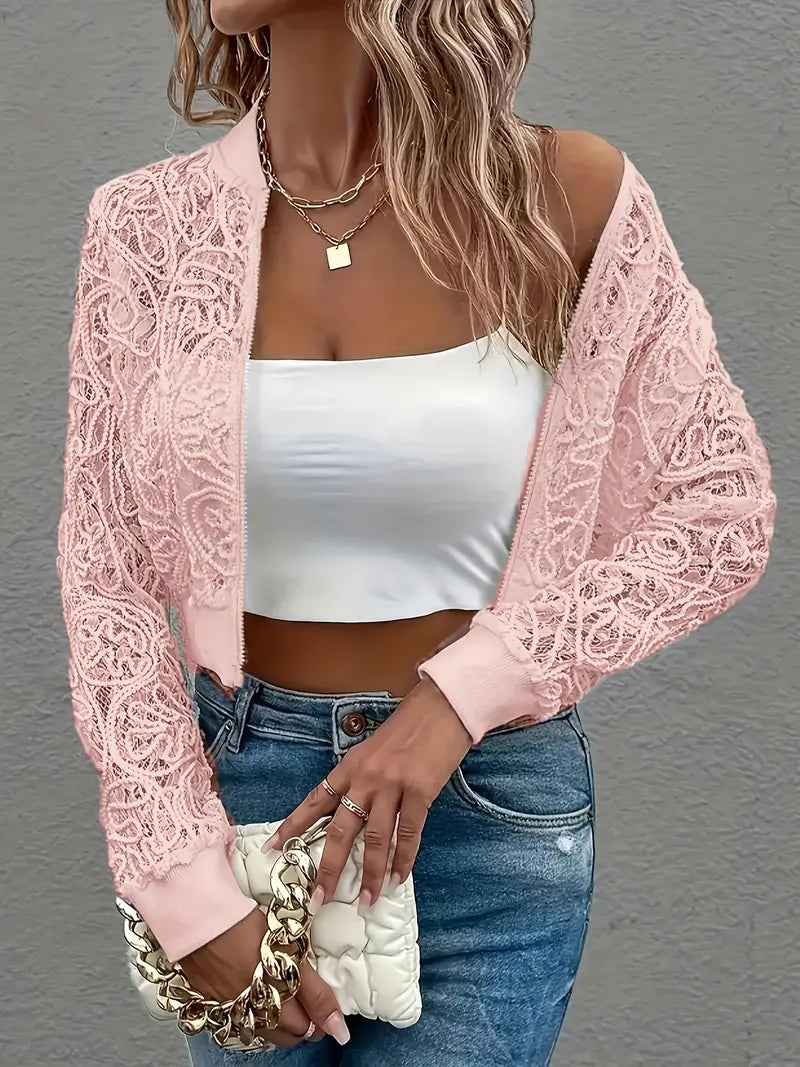 Laura™ | Lace Mesh Cropped Bomber Jacket