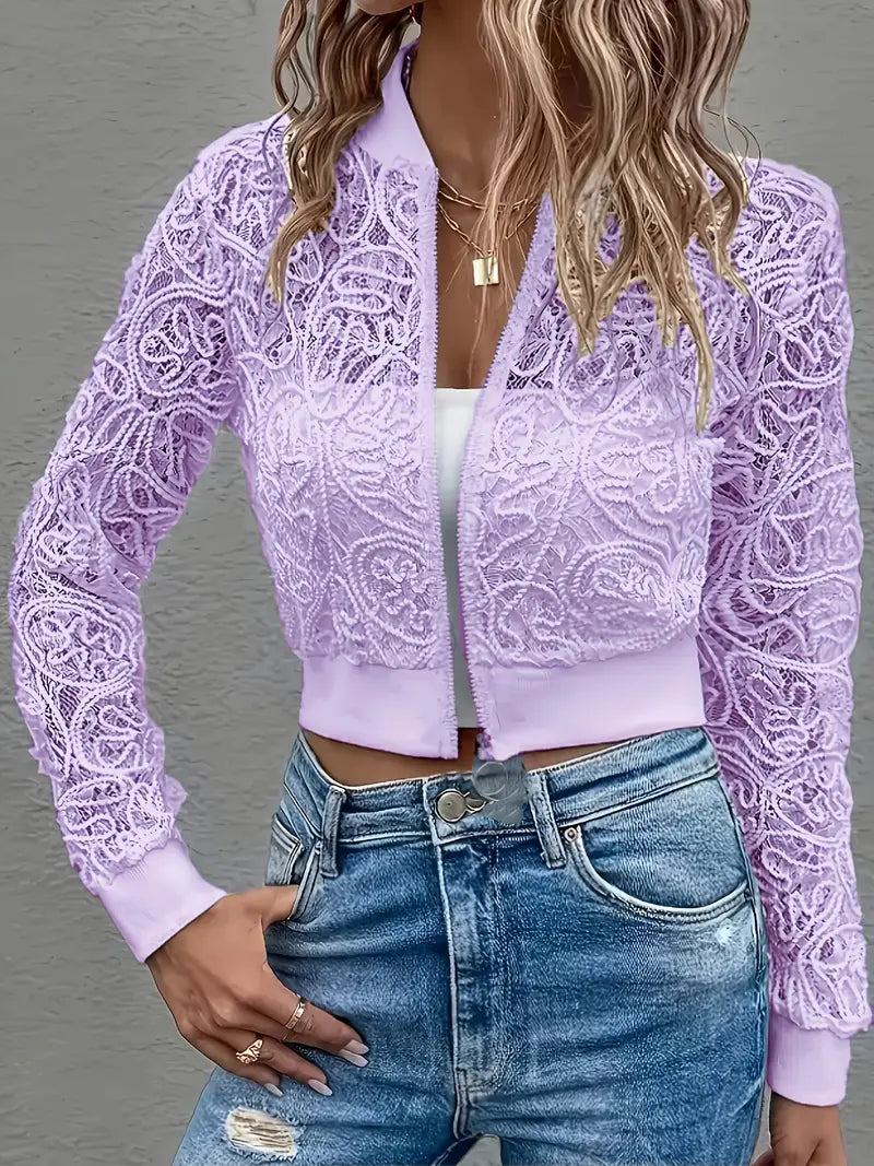 Laura™ | Lace Mesh Cropped Bomber Jacket