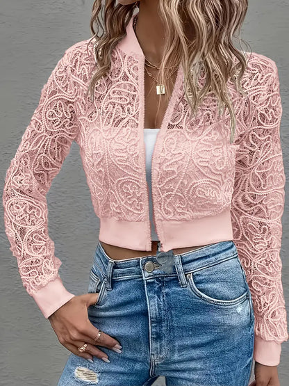 Laura™ | Lace Mesh Cropped Bomber Jacket