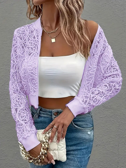 Laura™ | Lace Mesh Cropped Bomber Jacket